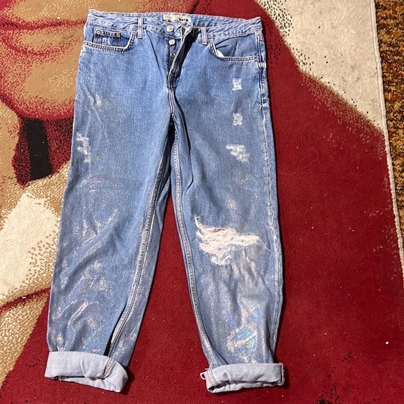 VINTAGE TOPSHOP SILVER PAINTED JEANS 30-36 - Picture 1 of 13